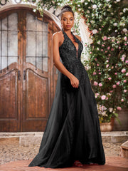 Deep V-neck Appliqued Corset Tulle Lace Maxi Prom Dresses Black