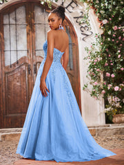 Deep V-neck Appliqued Corset Tulle Lace Maxi Prom Dresses Blue