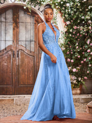 Deep V-neck Appliqued Corset Tulle Lace Maxi Prom Dresses Blue