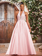 Deep V-neck Appliqued Corset Tulle Lace Maxi Prom Dresses Blushing Pink