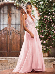 Deep V-neck Appliqued Corset Tulle Lace Maxi Prom Dresses Blushing Pink