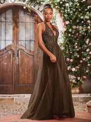 Deep V-neck Appliqued Corset Tulle Lace Maxi Prom Dresses Brown