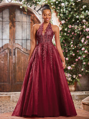 Deep V-neck Appliqued Corset Tulle Lace Maxi Prom Dresses Burgundy
