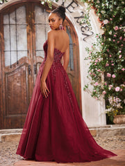 Deep V-neck Appliqued Corset Tulle Lace Maxi Prom Dresses Burgundy