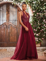 Deep V-neck Appliqued Corset Tulle Lace Maxi Prom Dresses Burgundy