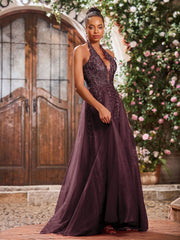 Deep V-neck Appliqued Corset Tulle Lace Maxi Prom Dresses Cabernet
