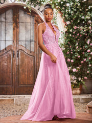 Deep V-neck Appliqued Corset Tulle Lace Maxi Prom Dresses Candy Pink