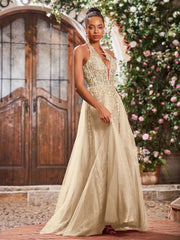 Deep V-neck Appliqued Corset Tulle Lace Maxi Prom Dresses Champagne