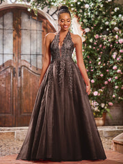 Deep V-neck Appliqued Corset Tulle Lace Maxi Prom Dresses Chocolate