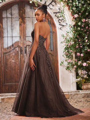 Deep V-neck Appliqued Corset Tulle Lace Maxi Prom Dresses Chocolate