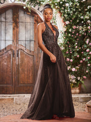 Deep V-neck Appliqued Corset Tulle Lace Maxi Prom Dresses Chocolate