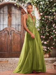 Deep V-neck Appliqued Corset Tulle Lace Maxi Prom Dresses Clover