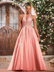 Deep V-neck Appliqued Corset Tulle Lace Maxi Prom Dresses Coral