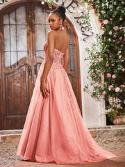 Deep V-neck Appliqued Corset Tulle Lace Maxi Prom Dresses Coral