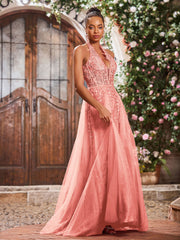 Deep V-neck Appliqued Corset Tulle Lace Maxi Prom Dresses Coral