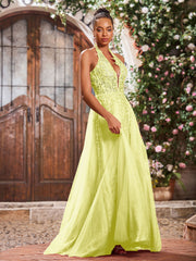Deep V-neck Appliqued Corset Tulle Lace Maxi Prom Dresses Daffodil