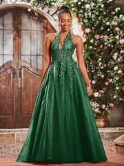 Deep V-neck Appliqued Corset Tulle Lace Maxi Prom Dresses Dark Green