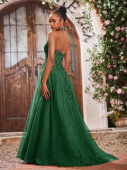 Deep V-neck Appliqued Corset Tulle Lace Maxi Prom Dresses Dark Green