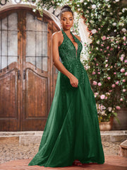 Deep V-neck Appliqued Corset Tulle Lace Maxi Prom Dresses Dark Green