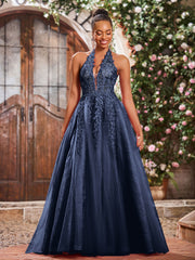 Deep V-neck Appliqued Corset Tulle Lace Maxi Prom Dresses Dark Navy