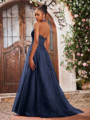 Deep V-neck Appliqued Corset Tulle Lace Maxi Prom Dresses Dark Navy