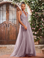 Deep V-neck Appliqued Corset Tulle Lace Maxi Prom Dresses Dusk
