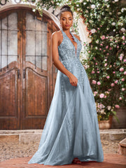 Deep V-neck Appliqued Corset Tulle Lace Maxi Prom Dresses Dusty Blue