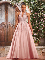 Deep V-neck Appliqued Corset Tulle Lace Maxi Prom Dresses Dusty Rose