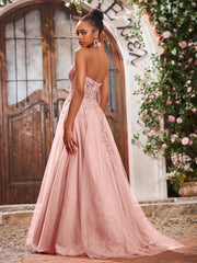 Deep V-neck Appliqued Corset Tulle Lace Maxi Prom Dresses Dusty Rose
