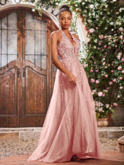 Deep V-neck Appliqued Corset Tulle Lace Maxi Prom Dresses Dusty Rose