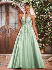 Deep V-neck Appliqued Corset Tulle Lace Maxi Prom Dresses Dusty Sage