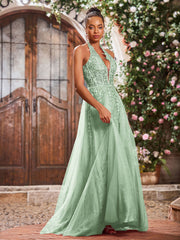 Deep V-neck Appliqued Corset Tulle Lace Maxi Prom Dresses Dusty Sage