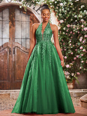 Deep V-neck Appliqued Corset Tulle Lace Maxi Prom Dresses Emerald