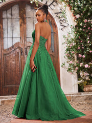 Deep V-neck Appliqued Corset Tulle Lace Maxi Prom Dresses Emerald