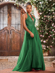 Deep V-neck Appliqued Corset Tulle Lace Maxi Prom Dresses Emerald