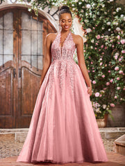 Deep V-neck Appliqued Corset Tulle Lace Maxi Prom Dresses Flamingo