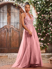 Deep V-neck Appliqued Corset Tulle Lace Maxi Prom Dresses Flamingo
