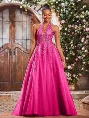 Deep V-neck Appliqued Corset Tulle Lace Maxi Prom Dresses Fuchsia