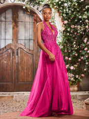Deep V-neck Appliqued Corset Tulle Lace Maxi Prom Dresses Fuchsia