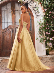 Deep V-neck Appliqued Corset Tulle Lace Maxi Prom Dresses Gold