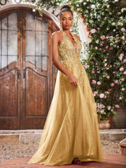 Deep V-neck Appliqued Corset Tulle Lace Maxi Prom Dresses Gold