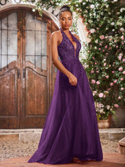 Deep V-neck Appliqued Corset Tulle Lace Maxi Prom Dresses Grape