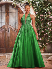 Deep V-neck Appliqued Corset Tulle Lace Maxi Prom Dresses Green