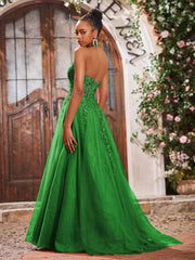 Deep V-neck Appliqued Corset Tulle Lace Maxi Prom Dresses Green