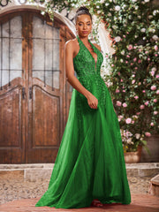 Deep V-neck Appliqued Corset Tulle Lace Maxi Prom Dresses Green