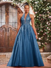 Deep V-neck Appliqued Corset Tulle Lace Maxi Prom Dresses Ink Blue