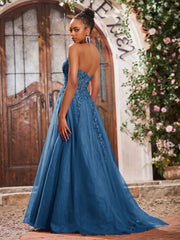 Deep V-neck Appliqued Corset Tulle Lace Maxi Prom Dresses Ink Blue