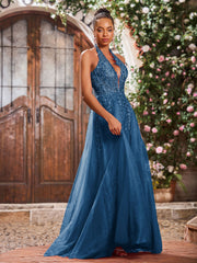 Deep V-neck Appliqued Corset Tulle Lace Maxi Prom Dresses Ink Blue