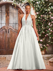 Deep V-neck Appliqued Corset Tulle Lace Maxi Prom Dresses Ivory