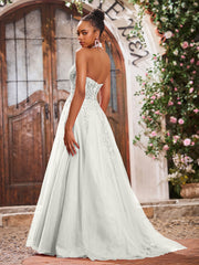 Deep V-neck Appliqued Corset Tulle Lace Maxi Prom Dresses Ivory